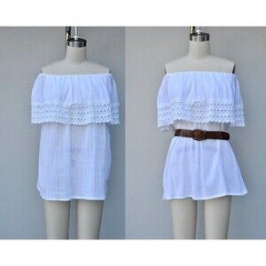 White Over the shoulders Off The Shoulders Top Mexican Boho Prairie Peasant